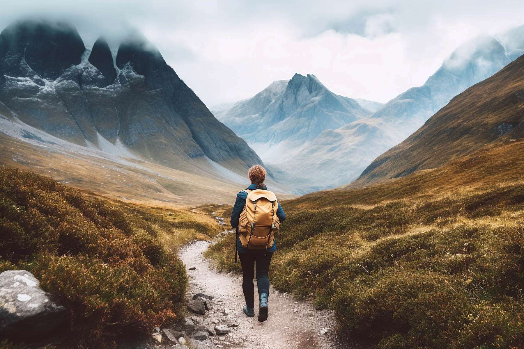 Hiker walking to mountains.Image ai generate