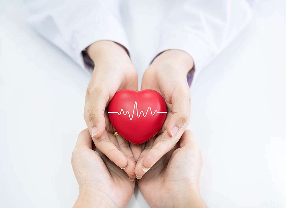 Doctor hands holding red heart.